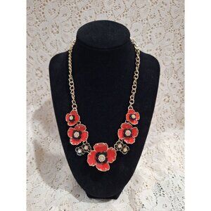 EUC Dana Buchman Gold-tone Red & Black Enamel Floral Rinestone Statement Necklac